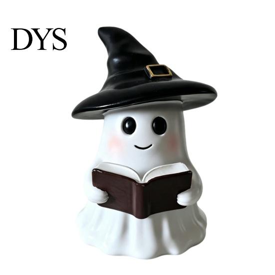 Cute Ghost Ornaments for Halloween Figurine with LED Light, Resin Witch Hat Statue Niche Aesthetic Ornament Guitar/Book, Luminous Sculpture