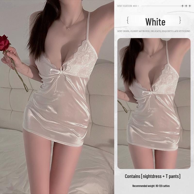 Sleek Lace Desire: Women's Sexy Sling Nightgown & Hugging Pajamas Set