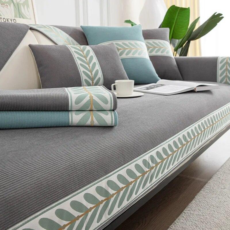 Luxury Leaves Embroidery Sofa Covers Chenille Universal Non-slip Leather Sofa Cushion Furniture Protector Living Room Slipcovers
