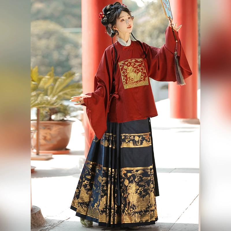 Chinese Ming Dynasty Style Hanfu, Round Neck Embroidered Pipa Sleeve Short , Horse-faced Skirt