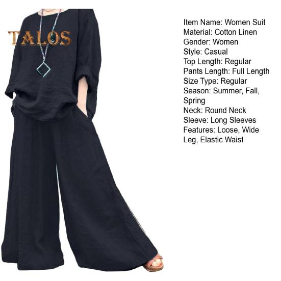 2 ks/sada Dámské svrchní kalhoty set kulatý výstřih Retro halenka s dlouhým rukávem Široké nohavice elastický pas Kalhoty Volný outfit pro každodenní volný čas