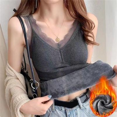 Gilet thermique pour femme avec bordure en dentelle et doublure en peluche, col en V, sans manches, fil, couleur unie, coupe ajustée, élastique