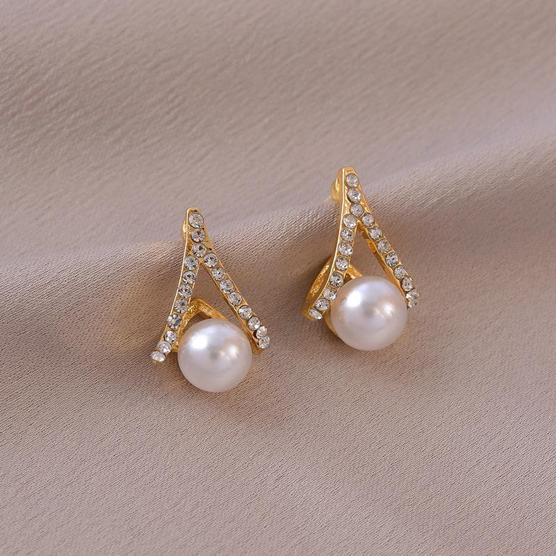 925 Silver Needle Temperament High-end Full Diamond Pearl Earrings Women's ins Wind Geometric Earrings Korean Light Luxury Earrings