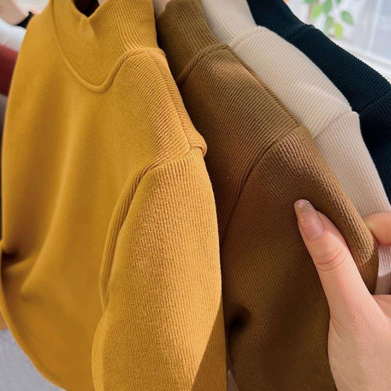 Children's Velvet Semi-turtleneck Bottoming Sweater Autumn and Winter Korean Baby Integrated Velvet Inner Top Tide