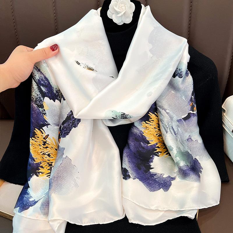 Ink and Wash Danqing High-grade Silk Scarf, Sunscreen Extended Printing Imitation Silk Scarf, Women's Long Silk Scarf, Beach Scarf
