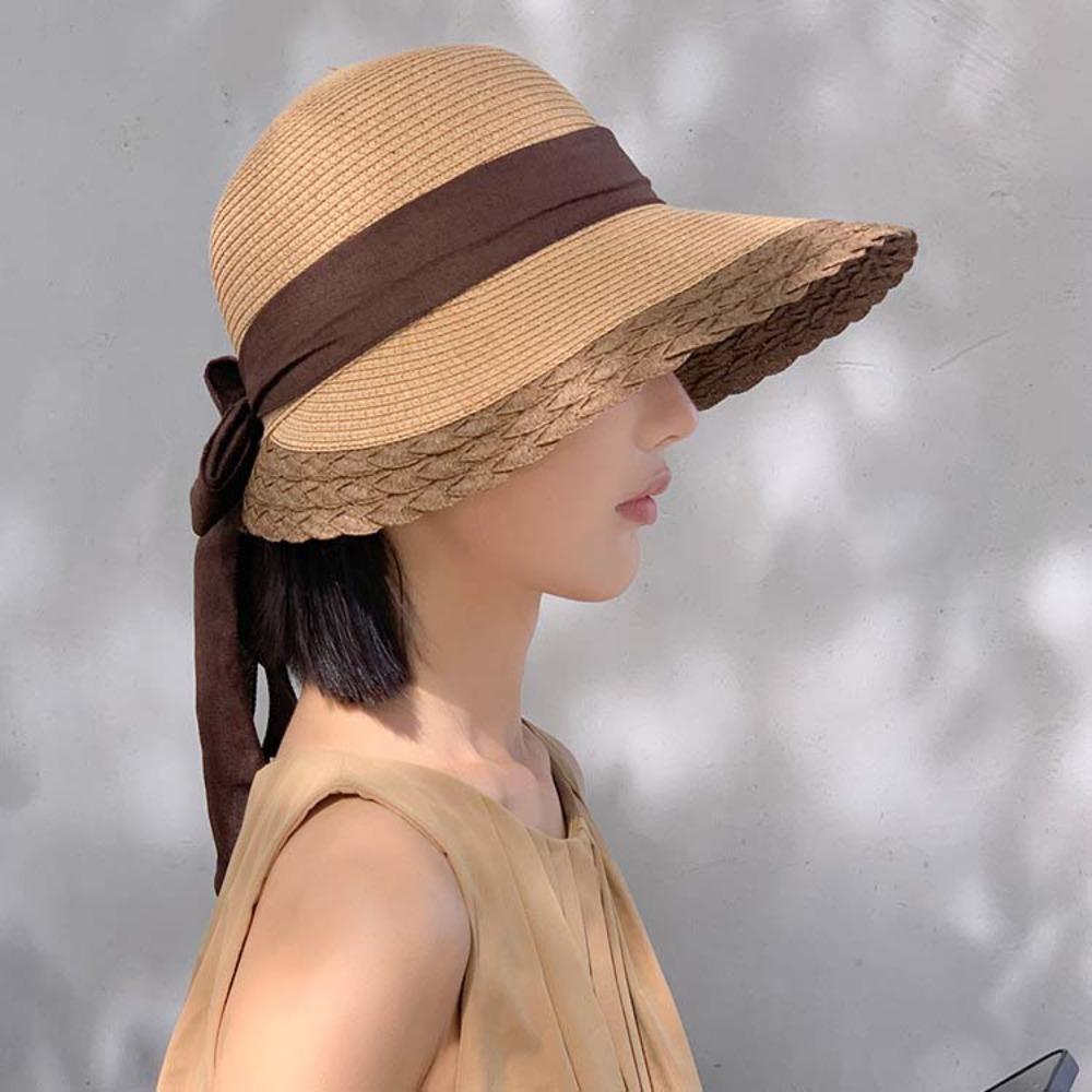 Foldable Big Brimmed Woven Cap Portable Bucket Hat Folding Sun Cap Bow Fisherman Cap  Summer