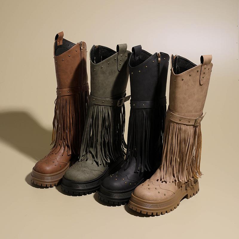 European and American Retro Style Fringed Boots 2025 Autumn and Winter New Rivet Belt Buckle High Boots Fashionable Versatile Knight Boots