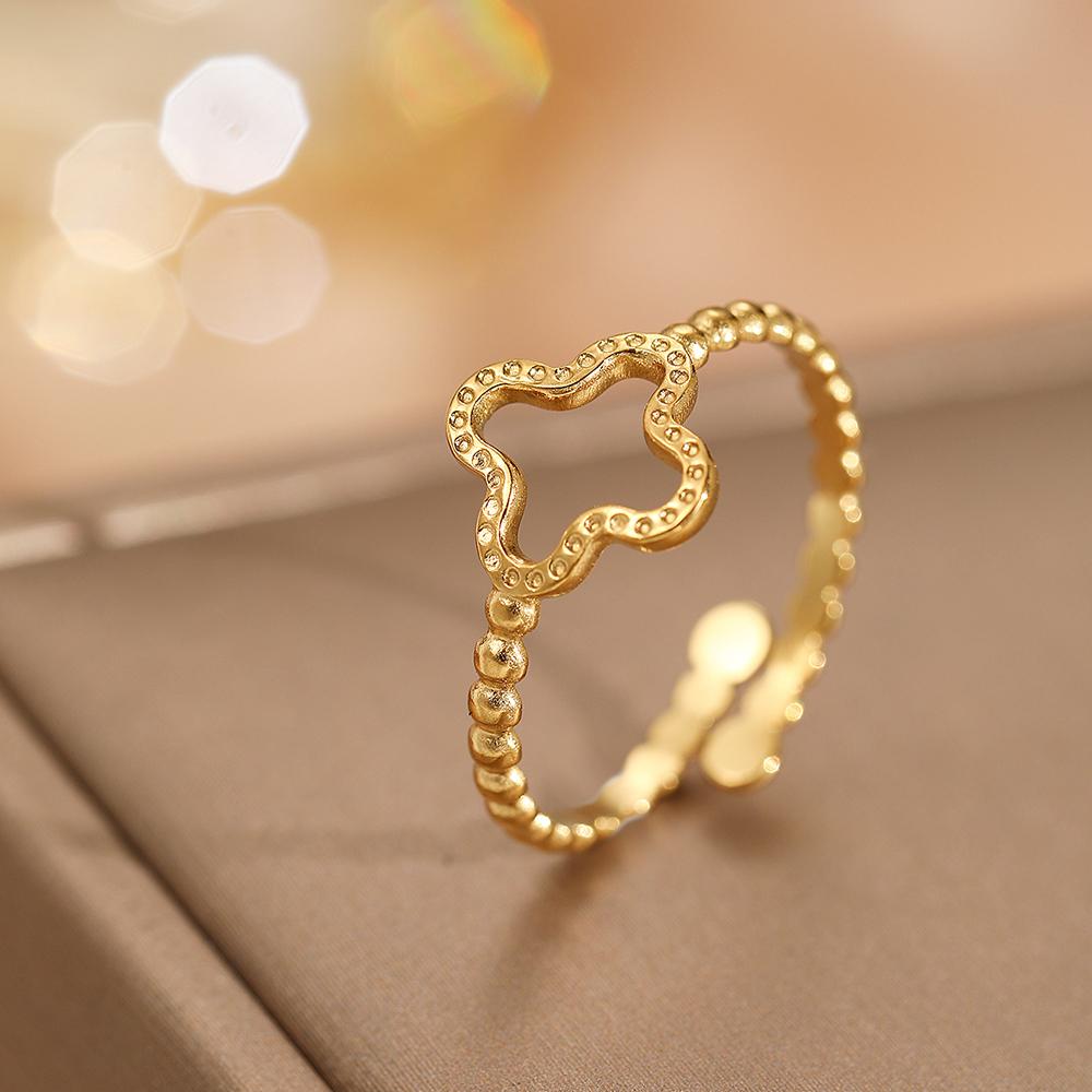 

Stainless Steel Opening Adjustable Ring Female Simple Hollow Four-Leaf Clover Lucky Finger Ring Jewelry Creative Gifts