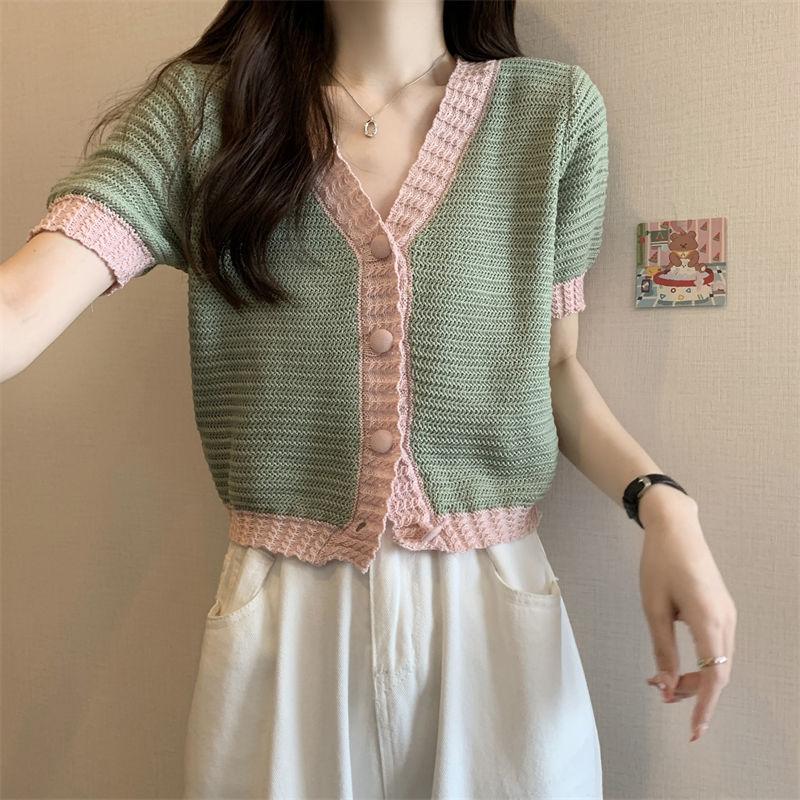 Blue Short Sleeved Knitted Sweater Women's Summer Thin Cardigan Design Sense Short Knitted Top