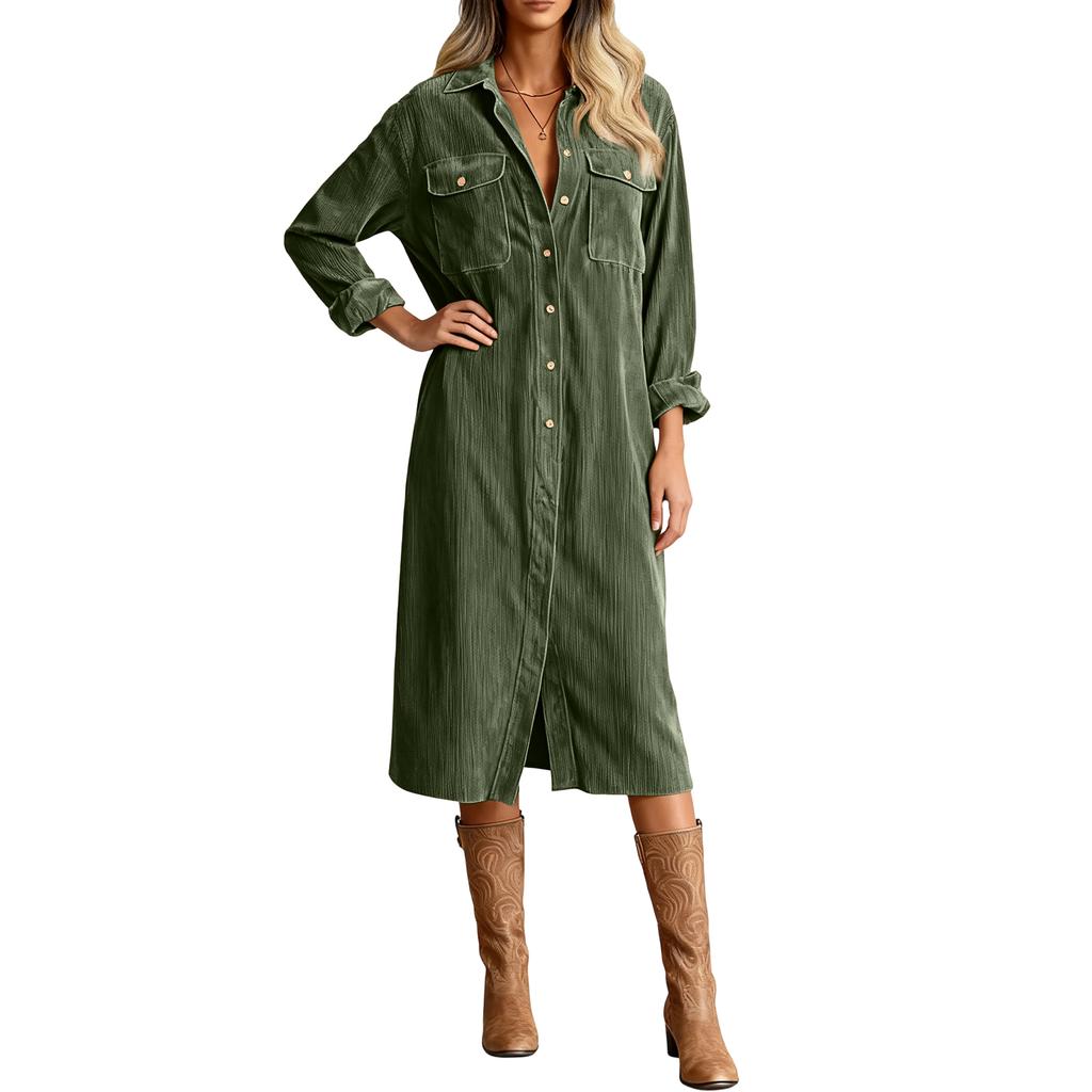 Women's Fashion Casual Color Corduroy Long-sleeved Dress With Lapel Shirt , Loose Long Skirt