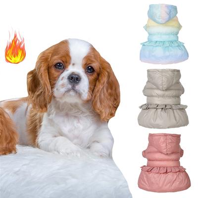 Herbst und Winter Haustier Hund Kleidung Farbverlauf Regenbogen Kontrast Prinzessinnenkleid Dick Warm Winddicht Kapuzen Skianzug