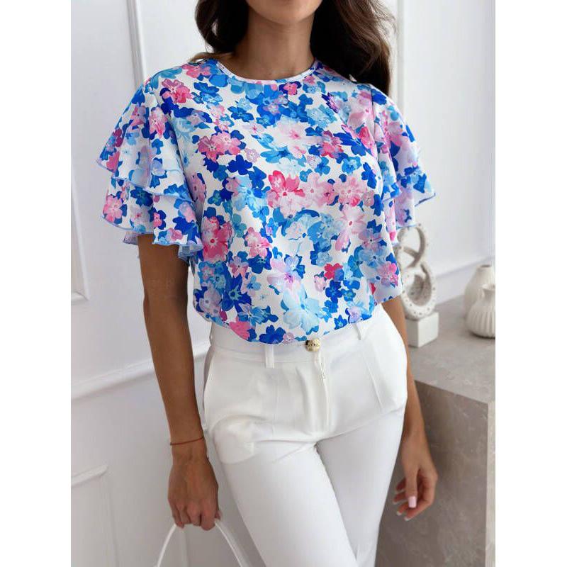 New European & American Summer Fashion Print Ruffle Sleeve Top