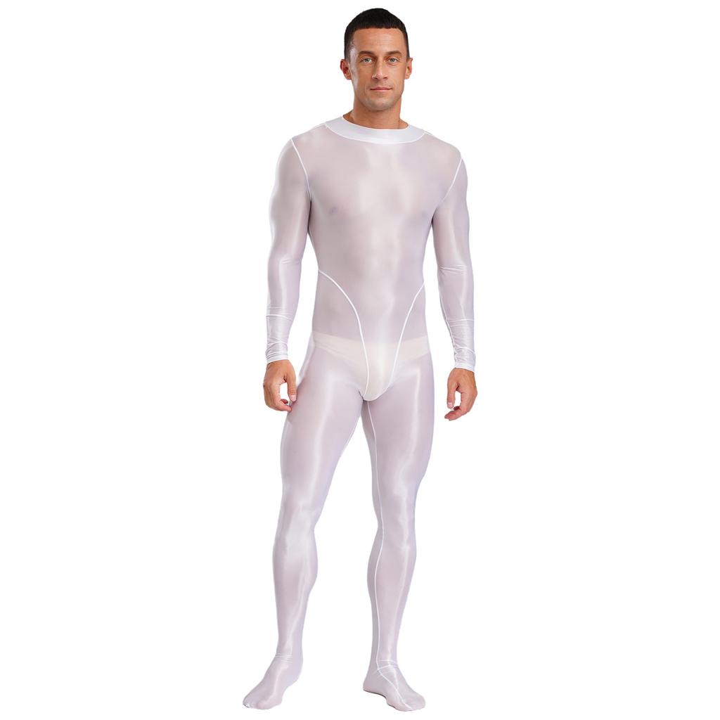 Pánský průhledný body s rolákem, dlouhým rukávem, s chodidly, jednodílný overal, lesklý, klubový, oblečení na spaní