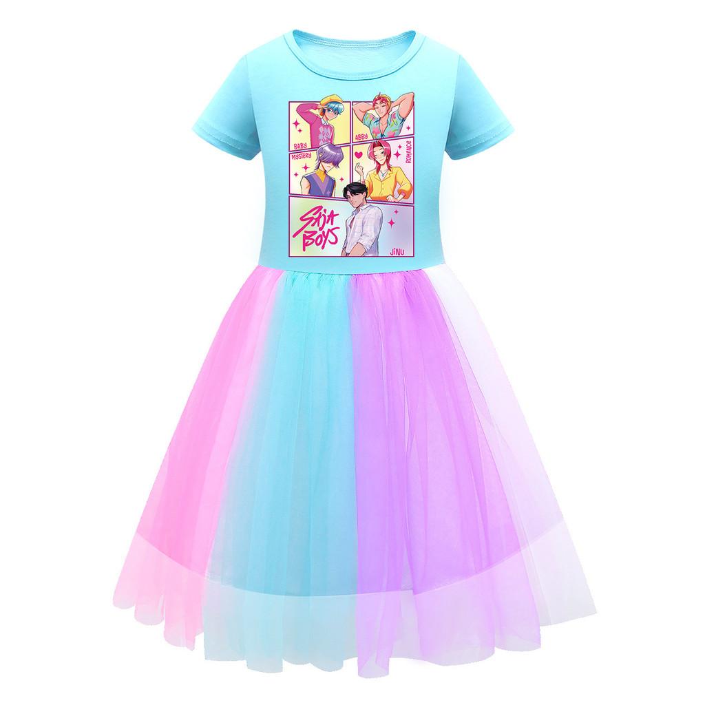 

Детское платье для девочек в стиле K-POP Rumi Zoey Mira с принтом, сетчатое, радужное, с круглым вырезом, с короткими рукавами, повседневное, хлопковое 150cm