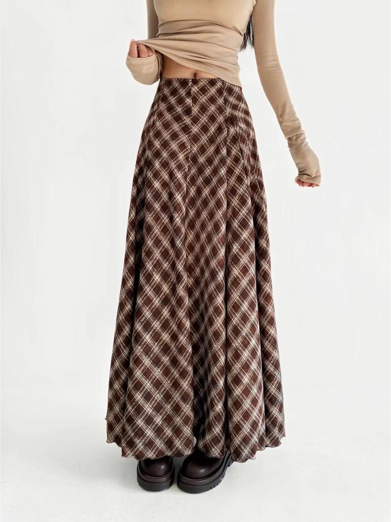 Triangle Panel High-Waisted Plaid A-Line Skirt - Women's Autumn/Winter Retro Style