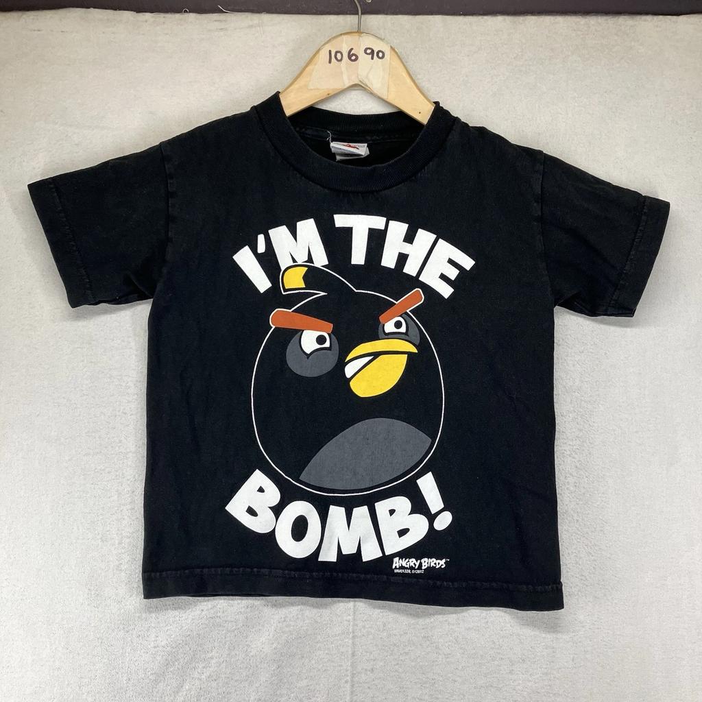 Vintage Angry Birds T-Shirt Youth 4/6 Black Game Im The Bomb Tee Faded Black
