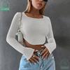 My Wardrobe Authorization Women Long Sleeve Knitted Solid Crop Top Square Neck Fitted Asymmetrical Hem Cropped Tee Shirts