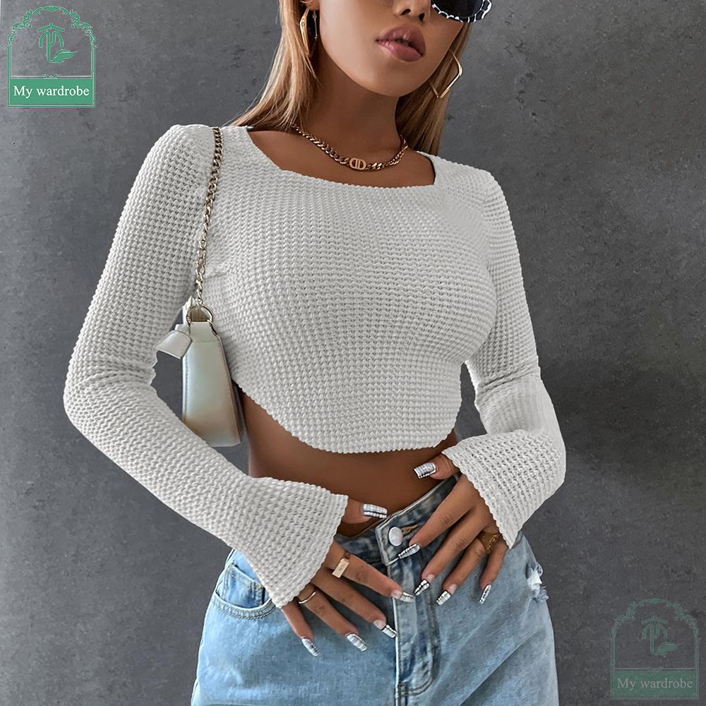 My Garderobe Authorization Damen Langarm-Strick-Crop-Top, quadratischer Ausschnitt, tailliert, asymmetrischer Saum, kurze T-Shirts