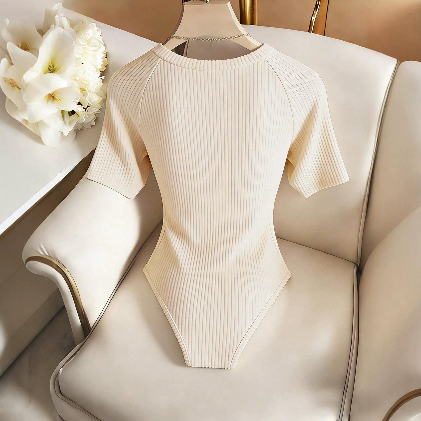 women s Ribbed Knit Short Sleeve Bodysuit Round Neck Slim Fit Solid Color Casual Bodywear S абрикосовый
