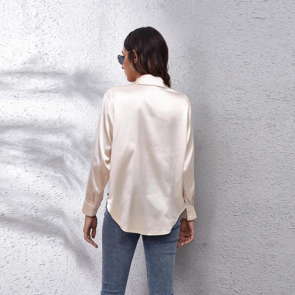 Spring Autumn Satin Blouse Imitation Silk Long Sleeve Shirt for Women's Solid Black White Plus Size Loose Tops