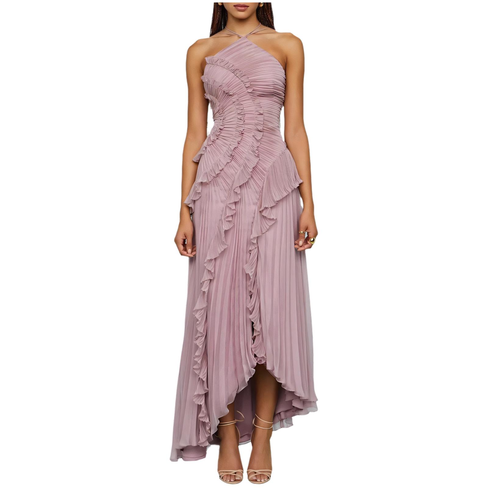 Elegant Women Ruffle Pleated Long Dress