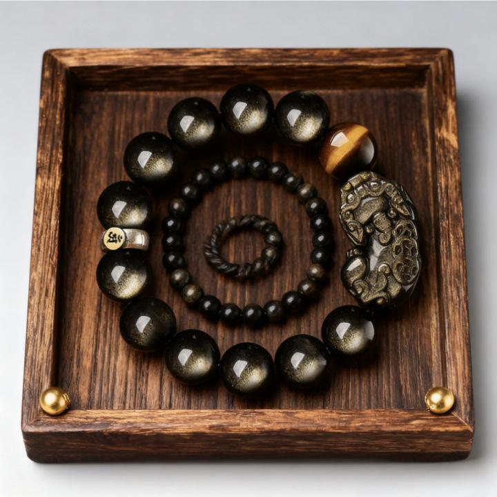 Gold Obsidian Pixiu Men's Bracelet - Year of the Horse Wealth Charm & Gift for Bestie/Boyfriend