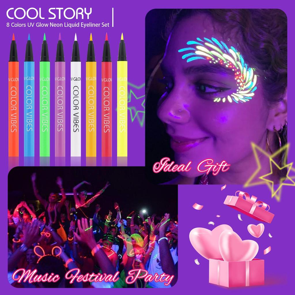 8-Piece Neon Fluorescent Eyeliner: Waterproof, Sweatproof, Quick-Dry Matte Body Paint, Glow-in-the-Dark Set.