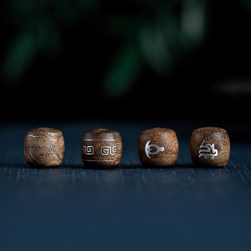 Nha Trang Agarwood Silver Inlaid Beads: Pure Agarwood Barrel Beads with Silver Accents