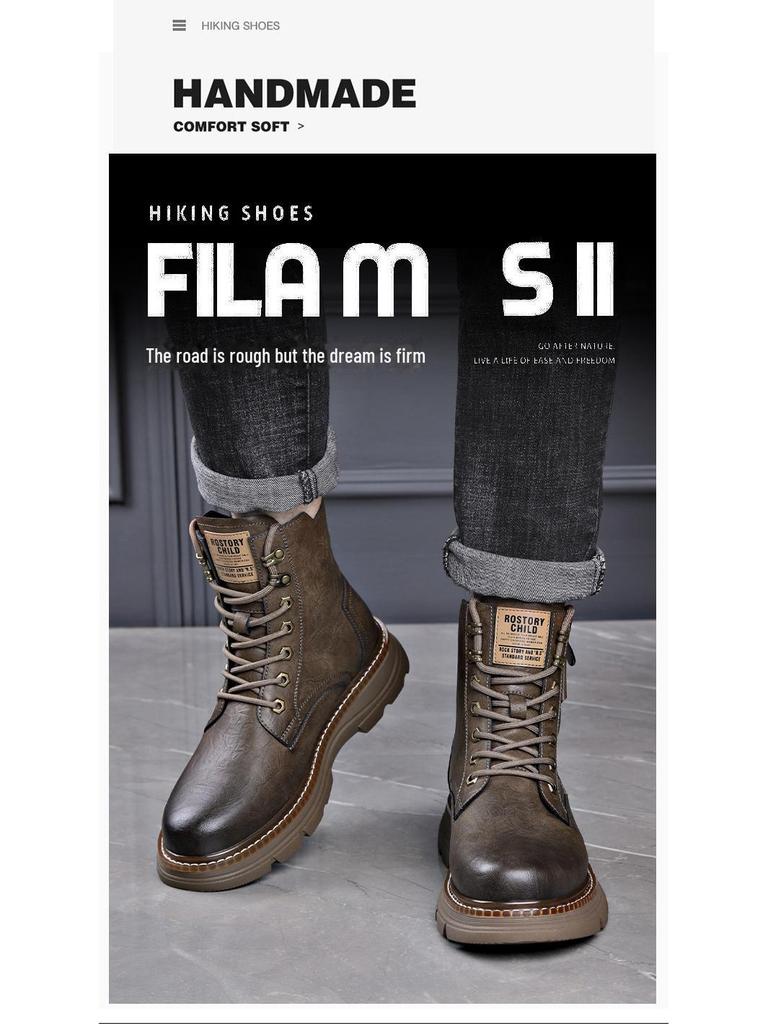 Men's Trendy Genuine Leather Martin Boots: Mid-Cut, All-Match High-Top with Velvet Lining for Autumn and Winter