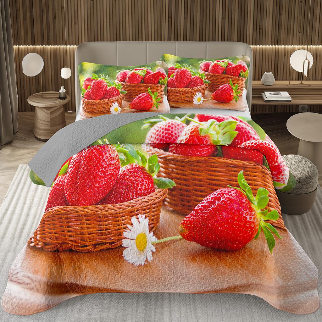 Strawberry Bedspread Kawaii Fruit Coverlet Twin King Size Cute Strawberries Quilt Set For Kids Girls Teens Adult Bedroom Decor
