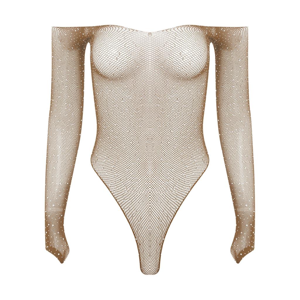 Damen glänzender Strassnetz-Off-Shoulder-Body mit langen Ärmeln, dehnbar