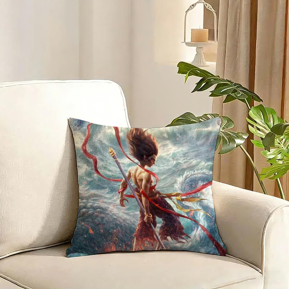 Popular Chinese Mytho Animation Nezha Cushion Cover Reversible Plush Pillow Cover Soft Fluffy Home Decor for Sofa Bedroom