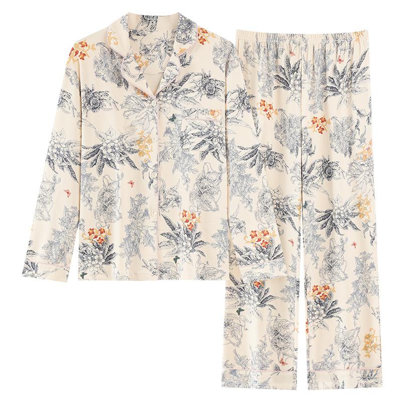 Class A antibacterial pure cotton pajamas women's autumn and winter long-sleeved trousers high-end large-size cool cotton loungewear women's suit