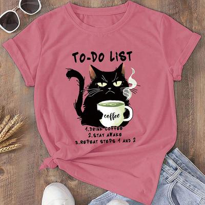 Moda Damski Śmieszny T-shirt z Nadrukiem Kota Zabawny Casualowy T-shirt z Okrągłym Dekoltem i Krótkim Rękawem Letni Damski T-shirt