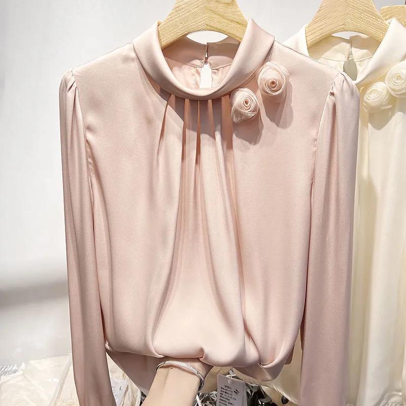 Spring Temperament Is Thin, Three-dimensional Flower Solid Color Pullover Women's Long-sleeved Satin Simulation Silk Shirt