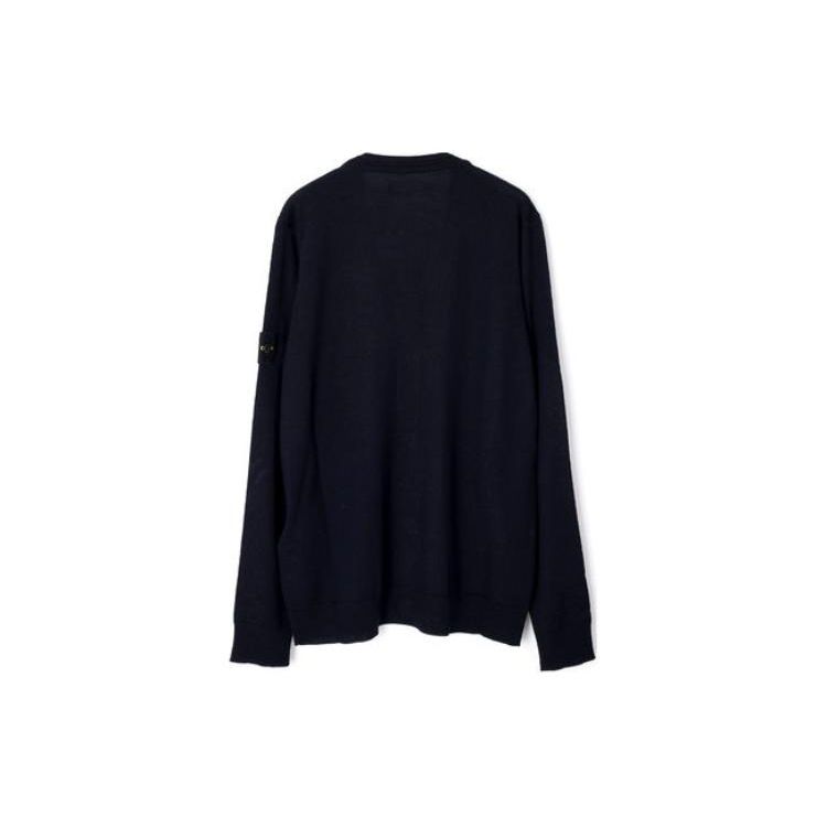 Stone Island Solid Color V-Neck Pattern Printed Loose Embroidered Long Sleeve Knit Sweater Men sweater Navy-Blue 7915511C4-V0020