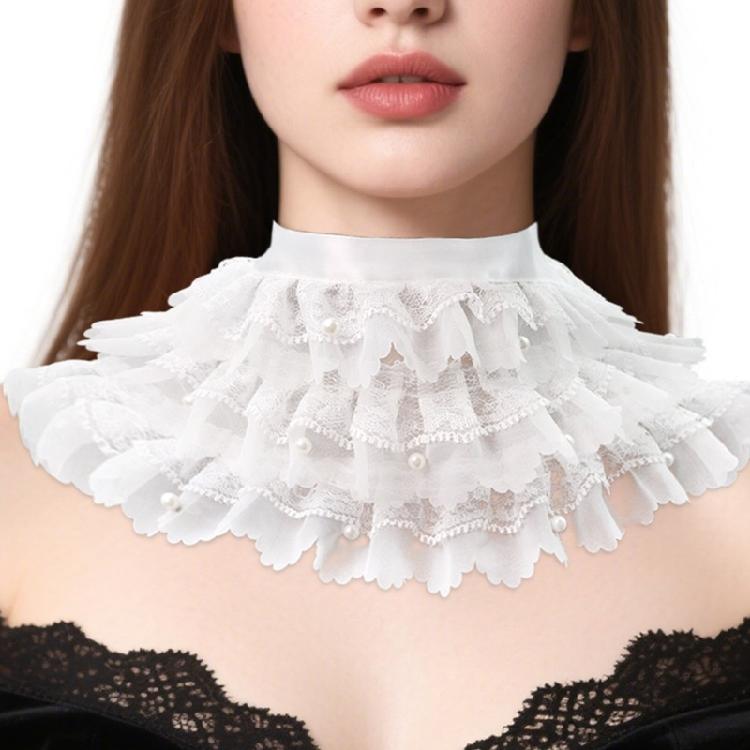 Stylish 3 Layer Pearls Beaded Detachable Collar Lace Choker Necklace Accessory For Formal And Casual Wear