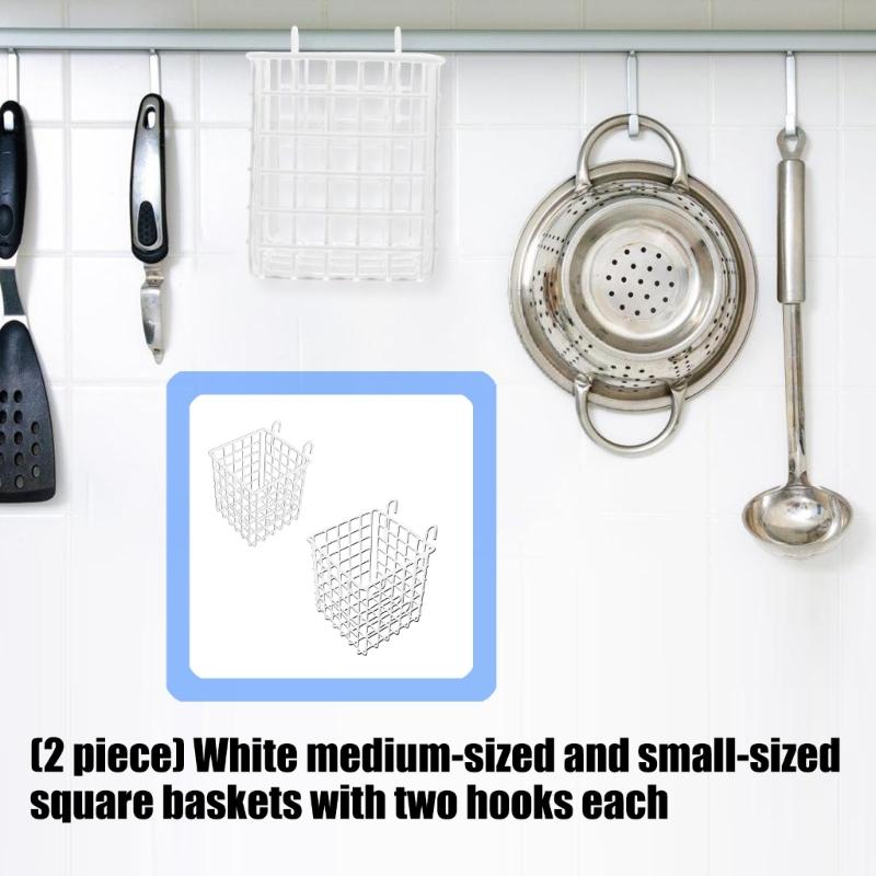 Pack of 2 White Iron Wire Storage Baskets With Double Hook For Versatile Home Organization In Kitchen Bathroom Office