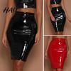 Slimming High Waist Skirt Women Club Faux Leather Skinny Sheath Zipper Closure Solid Knee Length Color Glossy Surface Slim Fit Lady Party Dating