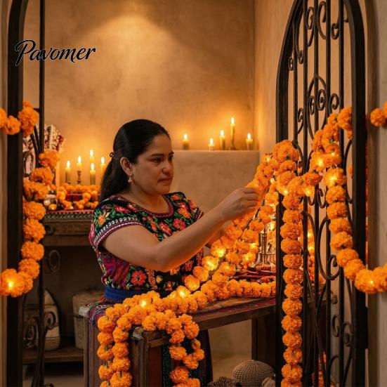 Holiday Gift for Housewarming Artificial Marigold Flower String Lights, 20/40 LED Cempasuchil Garland Flashing Wreath Indian Weddings Lights