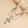 Victorian Gothic Cross Rosary Necklace With Chain Charm Handmade Sacred Pearl Beaded Necklace Layered Necklace