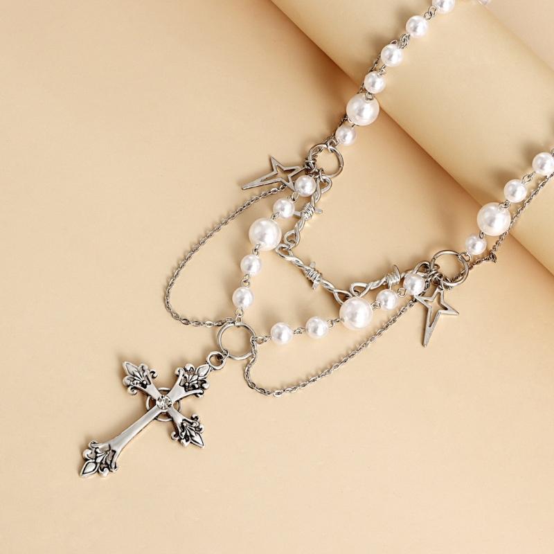 Victorian Gothic Cross Rosary Necklace With Chain Charm Handmade Sacred Pearl Beaded Necklace Layered Necklace