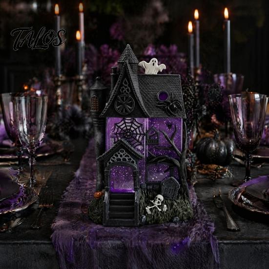 Durable Resin Craft for Halloween Gothic Glitter Village Decoration, Haunted House Figurine with Purple Ornament Holiday Lovers Windows, Spooky