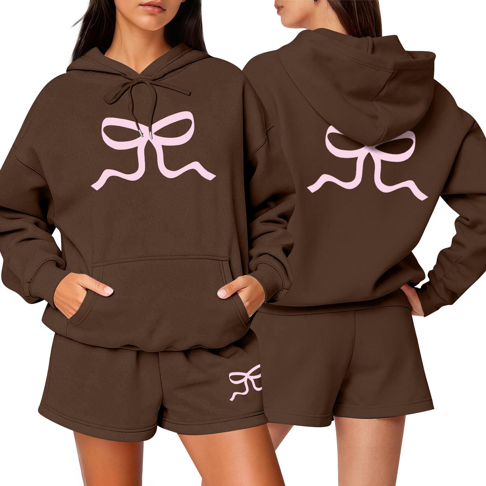 

Женский модный повседневный комплект с длинным рукавом, шортами и спортивным свитшотом с круглым вырезом S кофейный