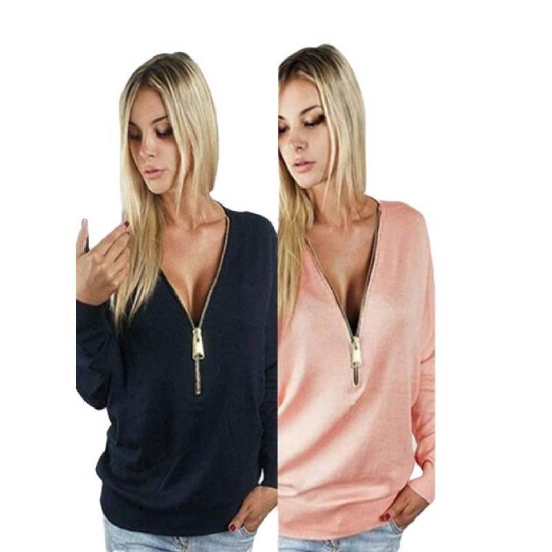 Fall Fashion Deep V Batwing Sleeve Knit Tshirt For Office Wear Women