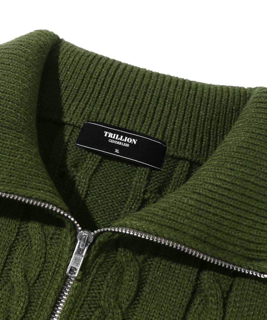 TRILLION Washable Half-Zip Collared Cable Knit (Khaki)