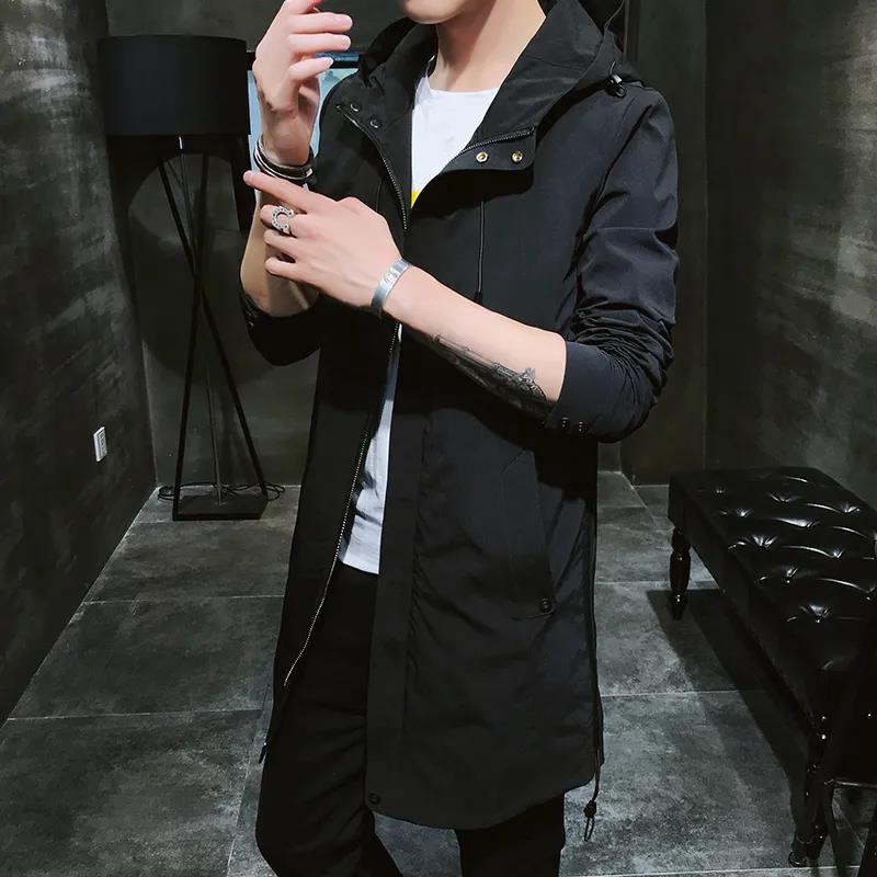 Весенняя мужская водонепроницаемая ветровка с капюшоном куртка повседневная свободная удобная парка однотонное трендовое пальто длинное чёрный