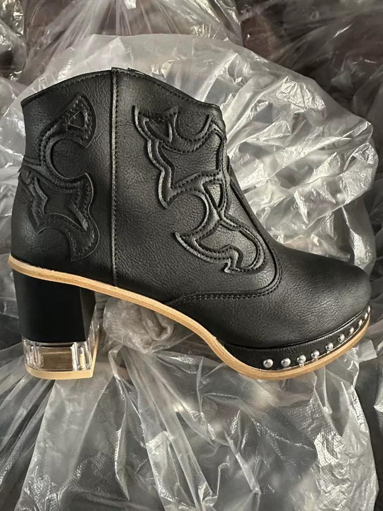 Neues Design Herbst Winter Damen Stiefeletten Bestickt Vintage Kristall Transparent High Heels Mode Lederstiefel Plus Größe 43