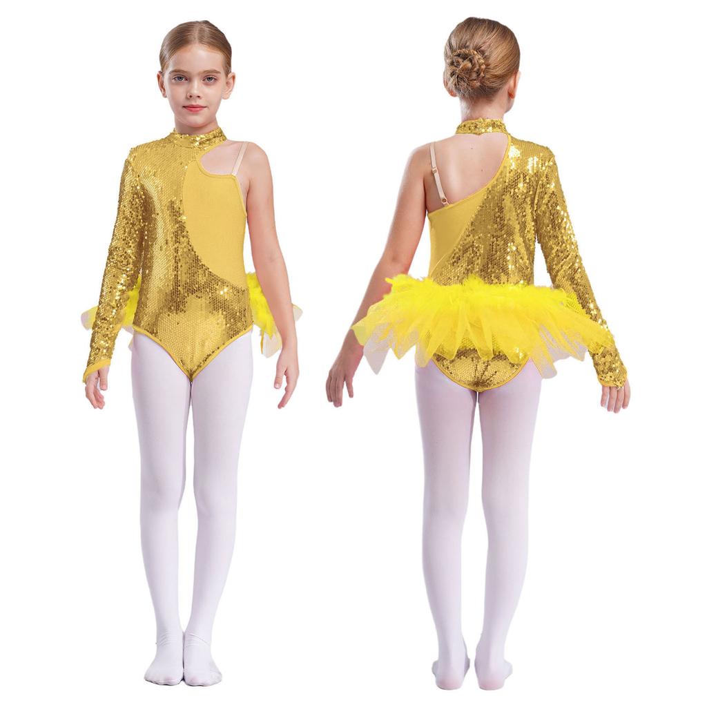 Kids Girls Sequins Tulle Skirted Leotard One Shoulder Long Sleeve Jumpsuit Dance Bodysuit Dancewear