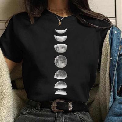 Moda verão estampado lua lua eclipse solto meia manga carta algodão camisetas femininas